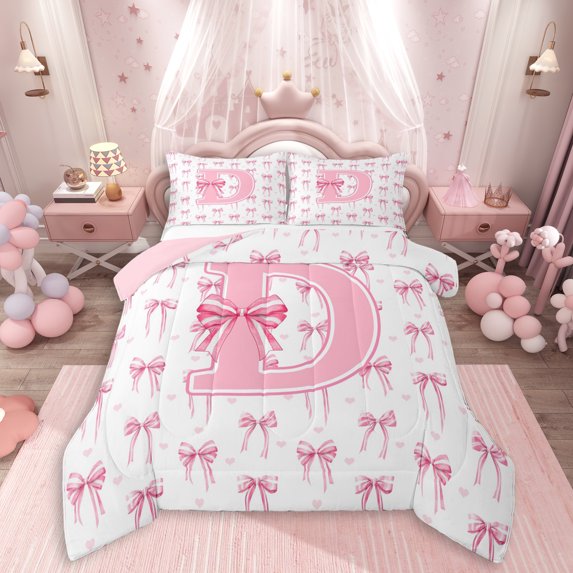 Erosebridal Girls D Personalized Initial Full Size Comforter Sets 3 Pieces,Teens Kawaii Pink Bowknot Bedding Sets,Pink Reversible