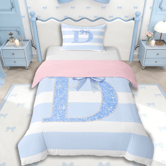 Erosebridal Girls D Personalized Initial Twin Bedding,Teens Kawaii Blue Bowknot Glitter Print Duvet Cover Set,Pink Reversible,2pcs,No Comforter