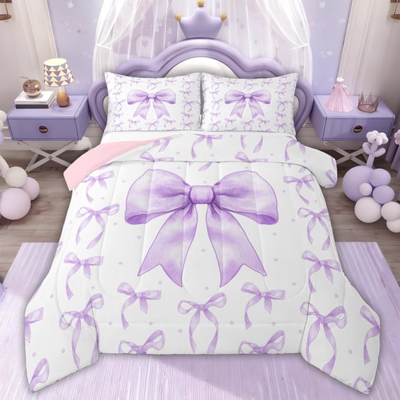 Erosebridal Girls Fashion Ribbon Queen Comforter Set, Purple Bow Bedding Comforter Set, Pink Reversible, 3-Piece