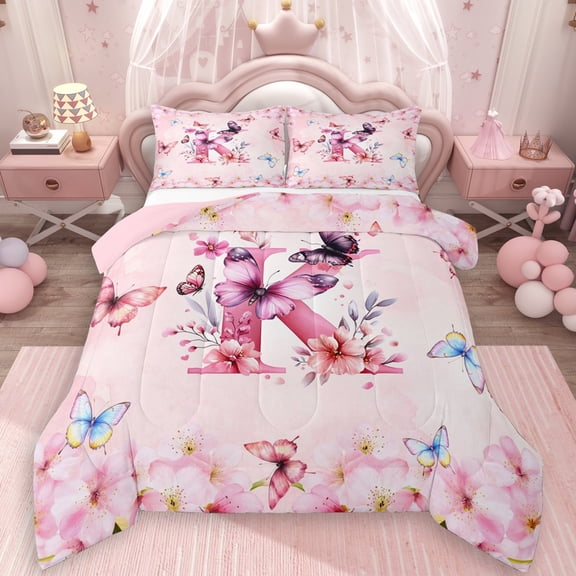 Erosebridal Girls Floral Sakura Personalized K Initial Queen Comforter Set 3pcs,Flowers Flying Butterflies Bedding Comforter Set For Kids,Pink Reversible,Luxury Bedroom Decor
