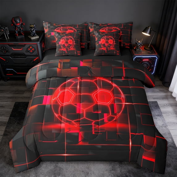 Erosebridal Girls Football Bed in a Bag Full Size,Sports Game Bed Set,Red Geometric Glowing Plaid Bedding Full Size,Microfiber Bedroom Decor Reversible,7 Pieces
