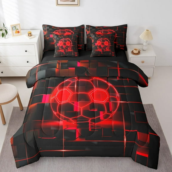 Erosebridal Girls Football Bedding Sets Twin Size,Sports Game Comforter Sets with Sheets,Red Geometric Glowing Plaid Bed in a Bag Twin Size,Microfiber Bedroom Decor Reversible,7-Piece