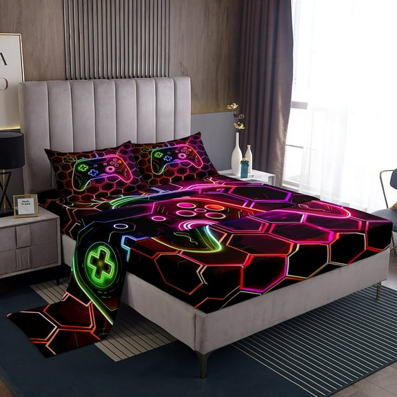 Erosebridal Gamer Bed Sheets Set Twin Size, Neon Gradient Gamepad Bedding Sets Twin Size, Pink Honeycomb Decor, 3pcs (Top Sheet, Fitted Sheet, Pillowcase)