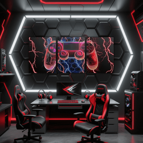 Erosebridal Gamer Canvas Wall Art Set of 3, Neon Gradient Gamepad Framed Wall Art for Living Room, Red Lightning Decor