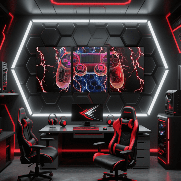 Erosebridal Gamer Canvas Wall Art Set of 3, Neon Gradient Gamepad Framed Wall Art for Living Room, Red Lightning Decor