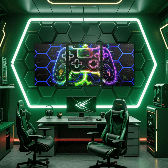 Erosebridal Gamer Paintings Wall Decor Framed, Neon Gradient Gamepad Wall Hanging Decor Bedroom, Navy Honeycomb Decor