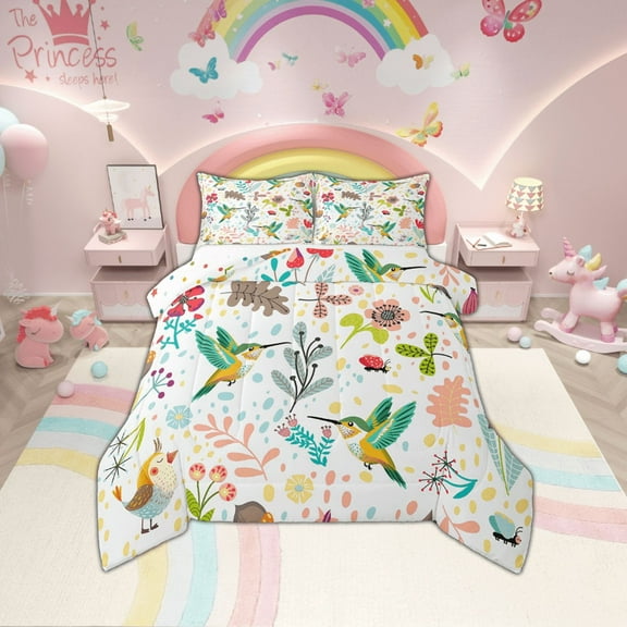 Erosebridal Hummingbird Twin Bedding Set Cute Floral Hummingbird Comforter Set Cartoon Tropical Bird Animal Bedding Comforter Sets Nature Leaves Flowers Bed Duvet Set 2 Pcs
