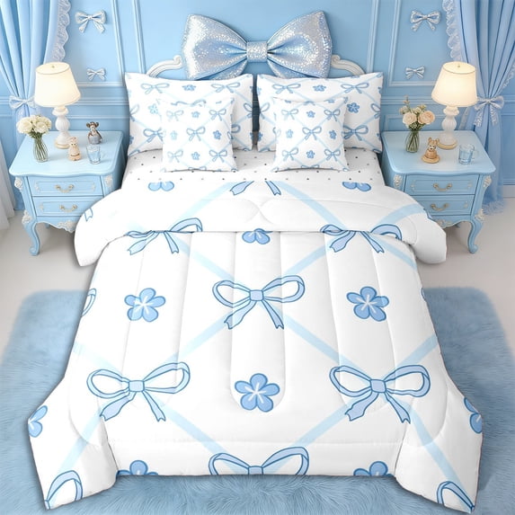 Erosebridal Girls Kawaii Blue Bow Bedding Comforter Set 7 Pieces,Teens Cartoon Floral Full Bedding Set,Breathable Home Decor