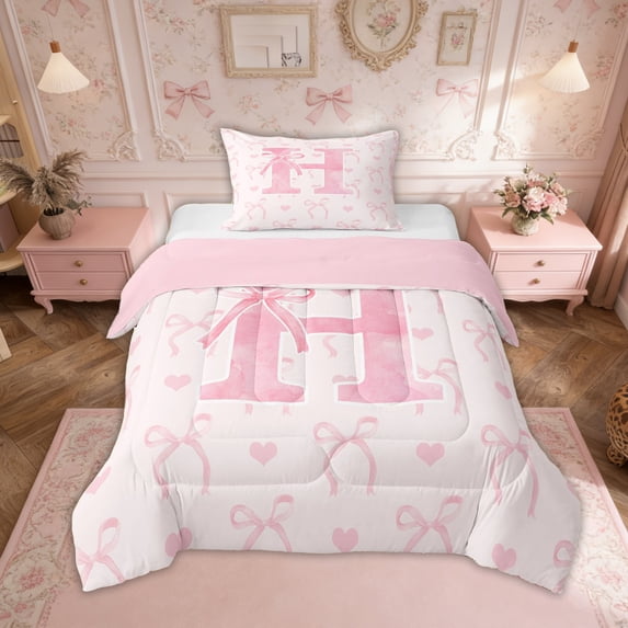 Erosebridal Kawaii Bowknot Bedding Twin Comforter Set, Initial H Down Comforter, Romantic Initial A-Z Decor, Reversible