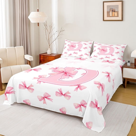 Erosebridal Girls Letter D Bow Full Size Sheets,Cute Bows Kawaii Bowtie Bed Sheets For Girls Teens 4 Pieces