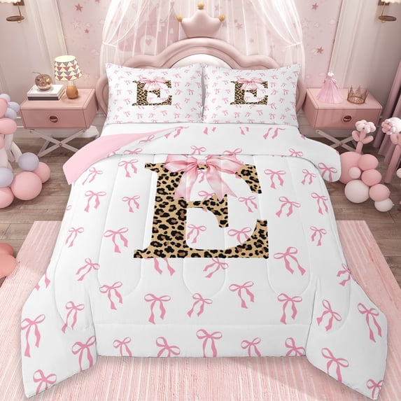 Erosebridal Girls Letter E Bow Queen Comforter Set,Cute Bows Chic Cheetah Print Bedding Comforter Set For Girls Teens, Reversible 3pcs