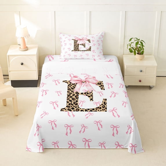 Erosebridal Girls Letter E Bow Twin Sheet Sets,Cute Bows Chic Cheetah Print Bedding For Girls Teens 3-Piece