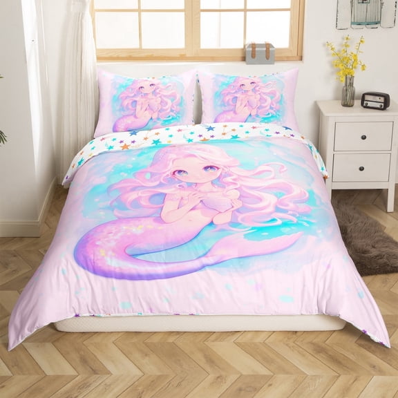 Erosebridal Mermaid Comforter Cover Twin, Watercolor Princess Bed Cover, Reversible 2-Piece (Duvet Cover, Pillowcase)