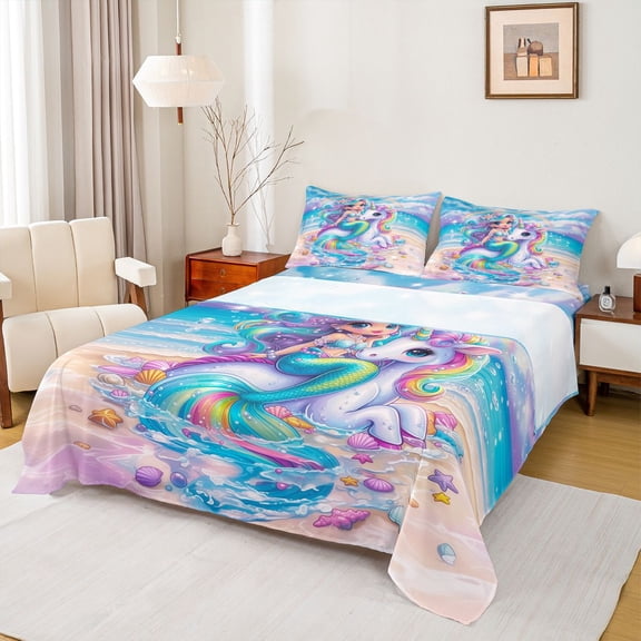 Erosebridal Girls Mermaid Princess Bed Sheets, Magic Unicorn King Sheets, 4 Pieces