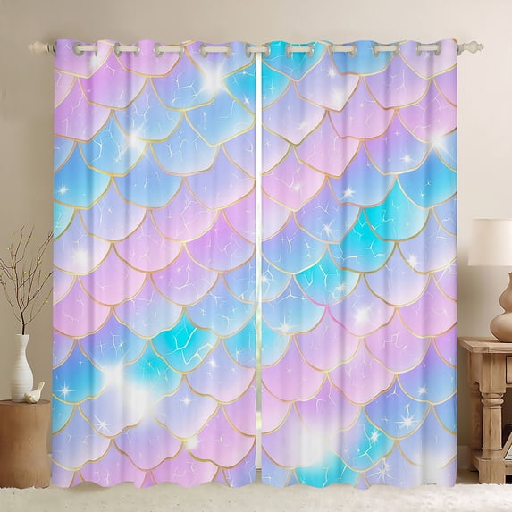Erosebridal Mermaid Tail Curtains,Colorful Mermaid Scale Kawaii Curtains Bedroom Decor,Teal Purple Pink Gradient Curtains Sea Ocean Life Window Curtains 2 Panels (38Wx54L)