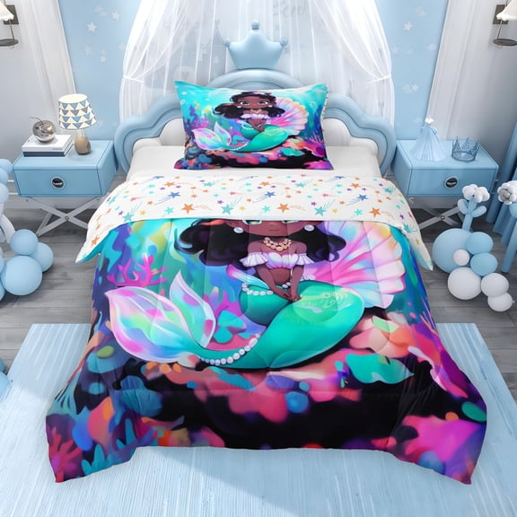 Erosebridal Girls Mermaid Twin Comforter Sets, Sea Ocean Princess Bedding Set, Colorful Stars Reversible, 1 Comforter and 1 Pillowcase