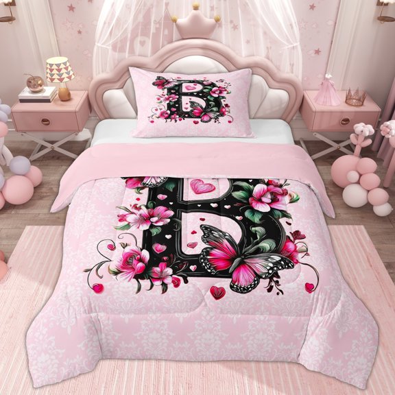 Erosebridal Girls Monogrammed B Twin Comforter Sets, Princess Floral Bedding Set, Pink Reversible, 2 Pieces