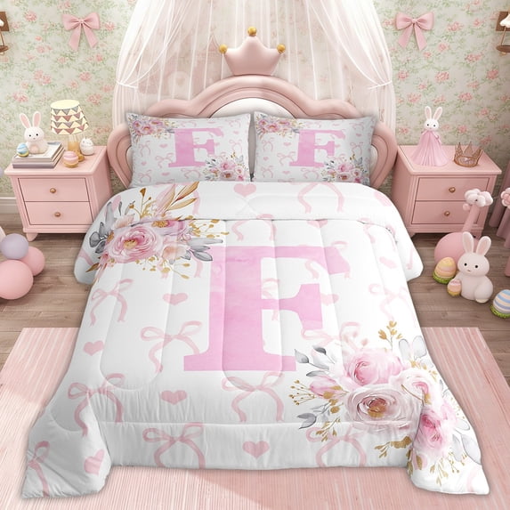 Erosebridal Monogrammed Comforter Sets Twin Size, Pink Rose Comforters & Duvets, Initial Letter F Decor, Reversible 2pcs