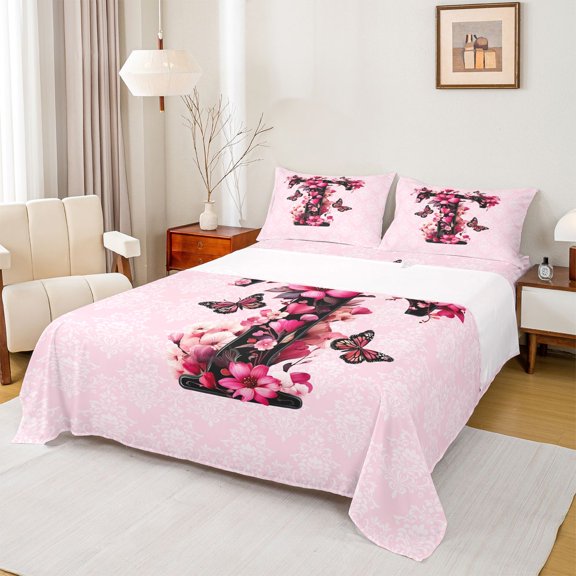 Erosebridal Girls Monogrammed T Bed Sheets, Retro Floral King Sheets, 4pcs