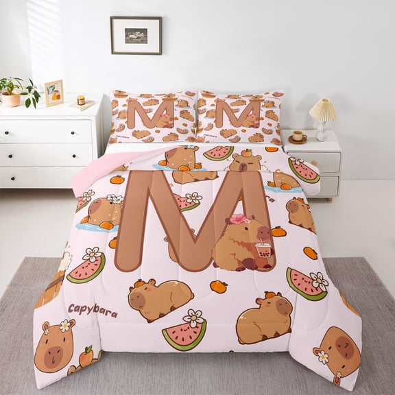 Erosebridal Girls Personalized Initial M Cute Capybara Queen Comforter Set 3pcs For Kids,Cartoon Fruit Orange Watermelon Flowers Bedding Comforter Set,Pink Reversible