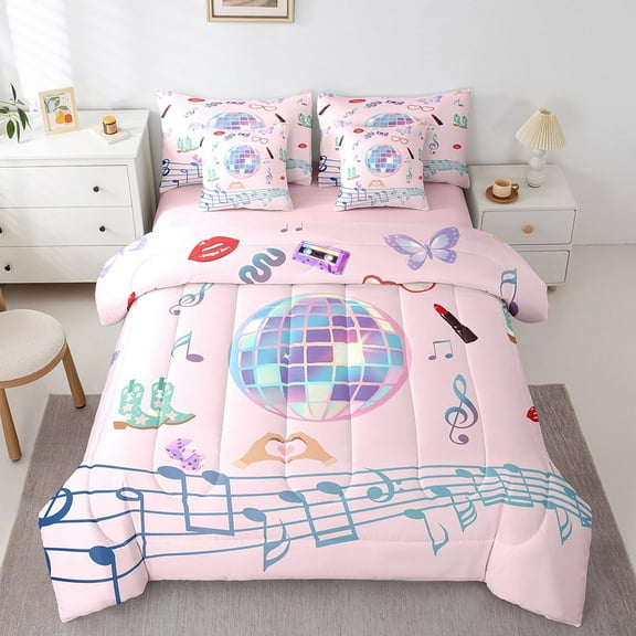 Erosebridal Girls Pink Bed in a Bag Twin Size,Music Melody Bed Set,Boots Cosmetics Bedding Twin Size For Princess,Lightweight Bedroom Decorative Reversible,7 Pieces