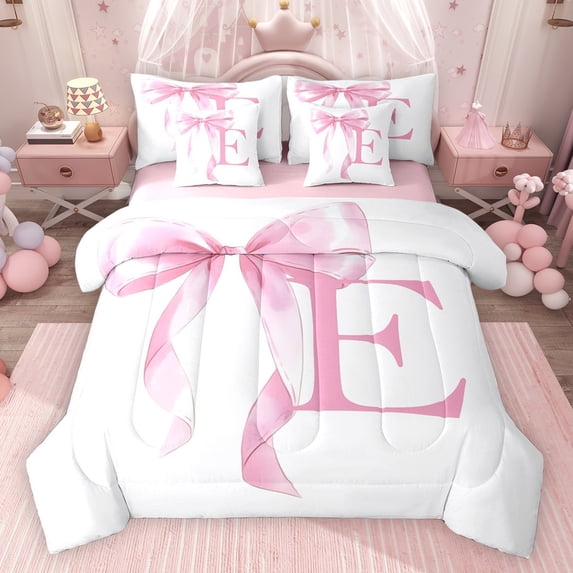 Erosebridal Girls Pink Bow Bedding Comforter Set, E Letter Full Bedding Set, Princess Style Bedroom Decor, Pink Reversible 7 Pieces