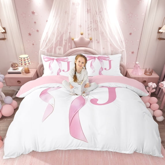 Erosebridal Girls Pink Bow Duvet Cover Set, J Letter Bedding Full, Princess Style Bedroom Decor, Pink Reversible 3 Pieces, 1 Duvet Cover and 2 Pillowcases (No Comforter)