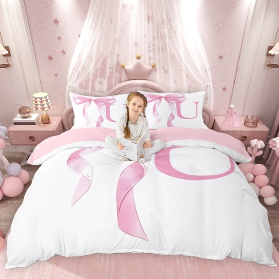 Erosebridal Girls Pink Bow Duvet Cover Set, U Letter Bedding Full, Princess Style Bedroom Decor, Pink Reversible 3pcs, 1 Duvet Cover and 2 Pillowcases (No Comforter)