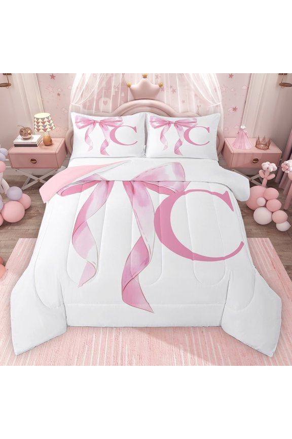 Girls Pink Bow Queen Comforter Set, C Letter Bedding Comforter Set, Princess Style Bedroom Decor, Pink Reversible 3-Piece, 1 Comforter and 2 Pillowcases