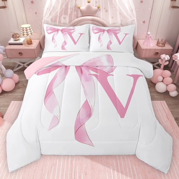 Erosebridal Girls Pink Bow Queen Comforter Set, V Letter Bedding Comforter Set, Princess Style Bedroom Decor, Pink Reversible 3pcs, 1 Comforter and 2 Pillowcases