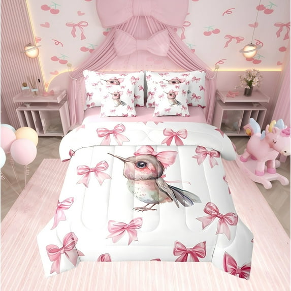 Erosebridal Pink Bow-Tie Bedding Sets Full with Comforter, Hummingbird Duvet Insert, Cartoon Wildlife Decor, Reversible