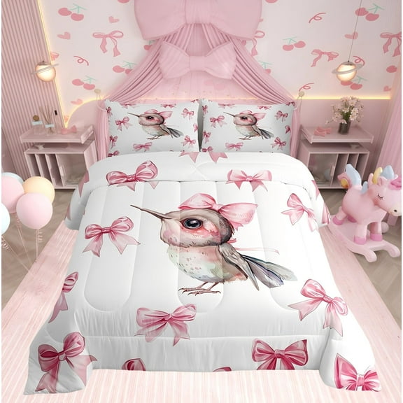 Erosebridal Pink Bow-Tie Bedding Sets Twinwith Comforter, Hummingbird Duvet Insert, Cartoon Wildlife Decor, Ultra Soft