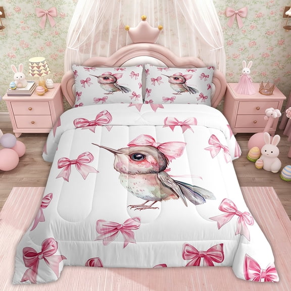 Erosebridal Pink Bow-Tie Bedding Sets Twinwith Comforter, Hummingbird Duvet Insert, Cartoon Wildlife Decor, Ultra Soft