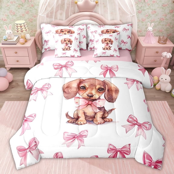 Erosebridal Pink Bow-Tie Bedding Twin Comforter Set, Dachshund Down Comforter, Kawaii Wildlife Decor, Pink Reversible, 7pcs