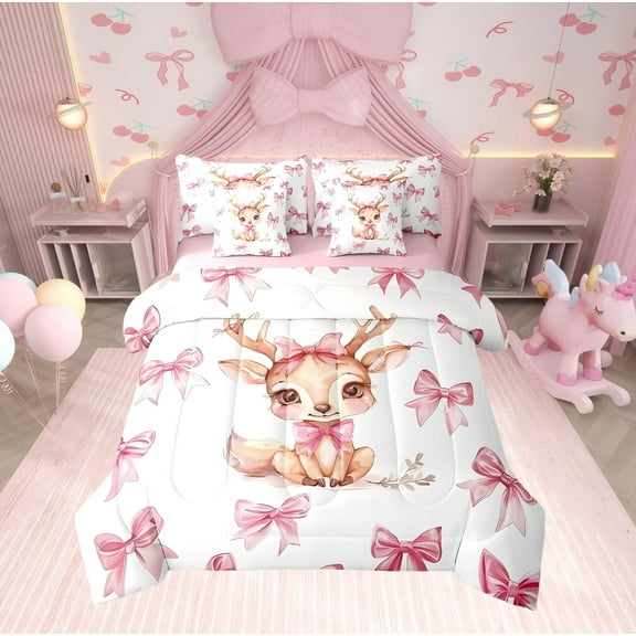 Erosebridal Pink Bow-Tie Bedding Twin Comforter Set, Deer Elk Down Comforter, Cartoon Wildlife Decor, Reversible