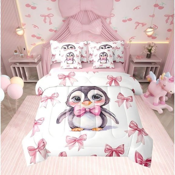 Erosebridal Pink Bow-Tie Bedding Twin Comforter Set, Penguin Down Comforter, Cartoon Wildlife Decor, Reversible 7pcs