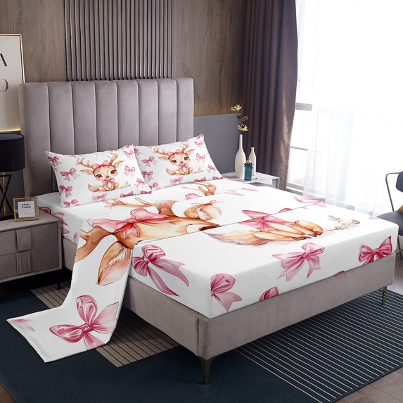 Erosebridal Pink Bow-Tie King Sheet Sets, Deer Elk Bedding King Size, Cartoon Wildlife Decor