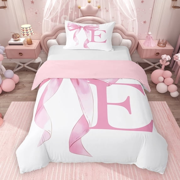 Erosebridal Girls Pink Bow Twin Bedding, E Letter Duvet Cover Set, Princess Style Bedroom Decor, Pink Reversible 2-Piece, 1 Duvet Cover and 1 Pillowcase (No Comforter)
