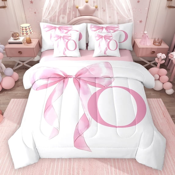 Erosebridal Girls Pink Bow Twin Bedding Sets, O Letter Bedding Comforter Set, Princess Style Bedroom Decor, Pink Reversible 7-Piece