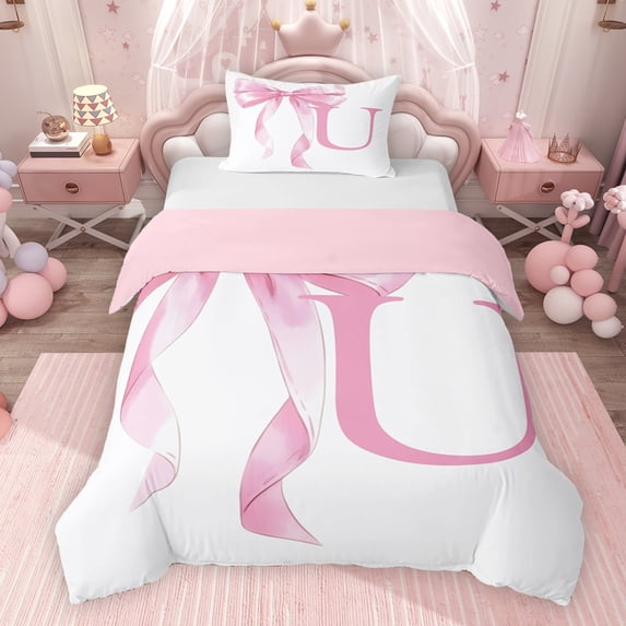 Erosebridal Girls Pink Bow Twin Bedding, U Letter Duvet Cover Set, Princess Style Bedroom Decor, Pink Reversible 2pcs, 1 Duvet Cover and 1 Pillowcase (No Comforter)