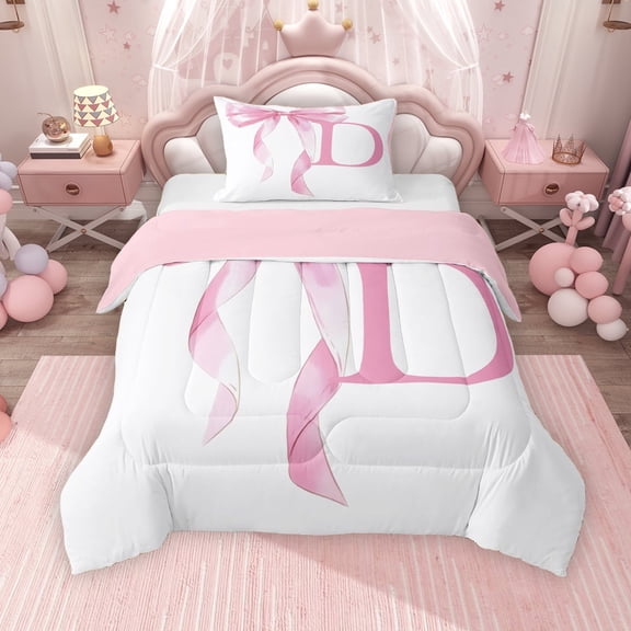Erosebridal Girls Pink Bow Twin Comforter Sets, D Letter Bedding Set, Princess Style Bedroom Decor, Pink Reversible 2-Piece, 1 Comforter and 1 Pillowcase
