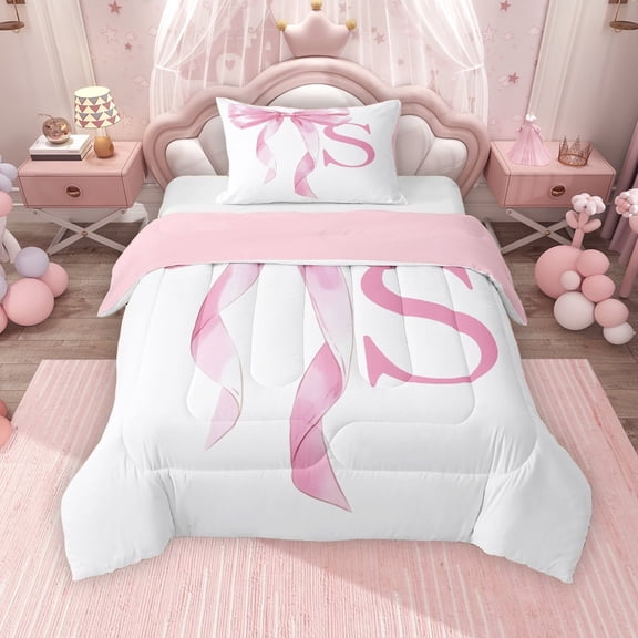 Erosebridal Girls Pink Bow Twin Comforter Sets, S Letter Bedding Set, Princess Style Bedroom Decor, Pink Reversible 2-Piece, 1 Comforter and 1 Pillowcase