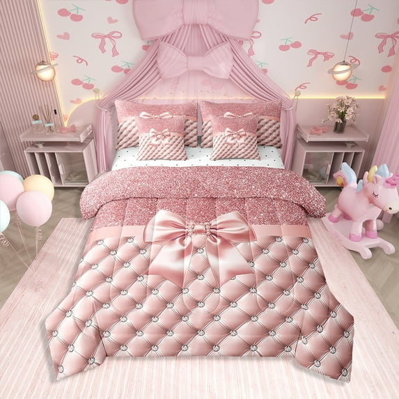 Erosebridal Pink Bow-tie Bedding King Size, Kawaii Bowknot Bed in a Bag King size, Glitter Diamond Decor, Reversible