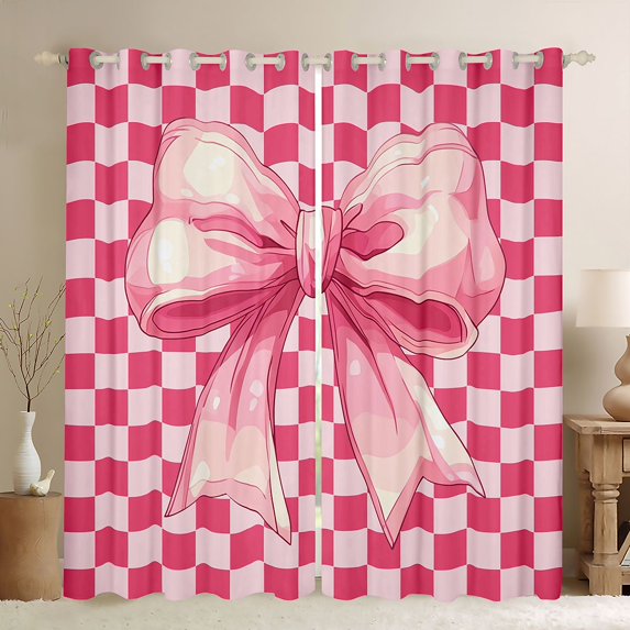 Erosebridal Girls Pink Bowknot Black Out Curtains,Kids Geometric Grid Printed Curtains Pack of 2 (42x63 Each)