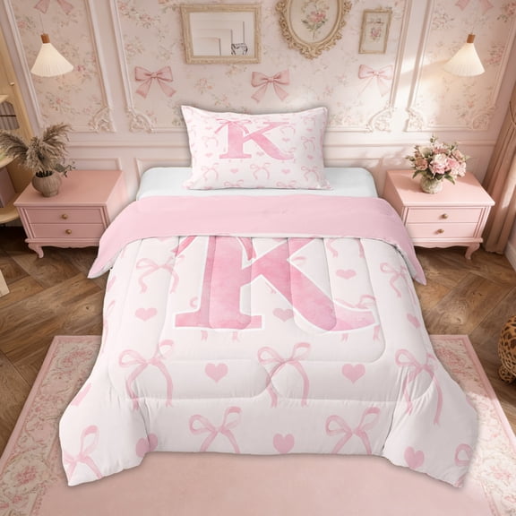 Erosebridal Pink Bowknot Bedding Twin Comforter Set, Retro Initial K Letter Down Comforter, Love Decor, Reversible 2pcs