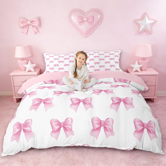 Erosebridal Girls Pink Bowknot Duvet Cover Set For Kids,Ribbon Bowtie Kawaii Bows Bedding Full,Reversible Pink,3-Piece(No Comforter)