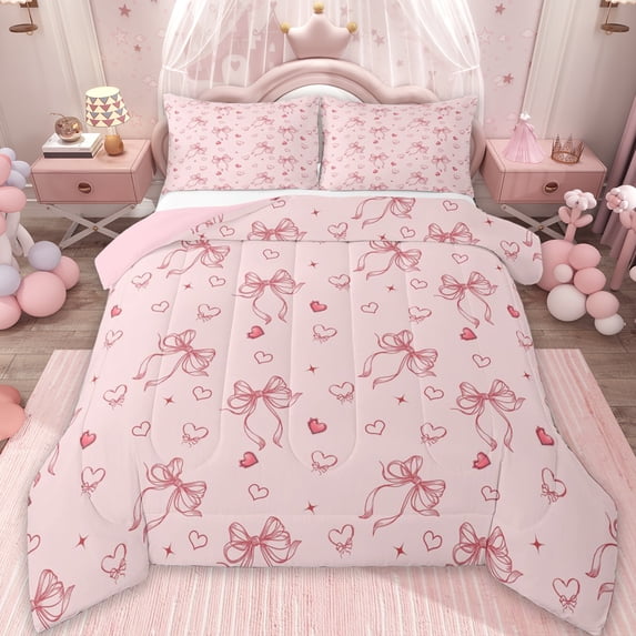 Erosebridal Girls Pink Bowknot Full Size Comforter Sets,3D Cute Loves Print Bedding Sets For Kids,Reversible pink,3-Piece
