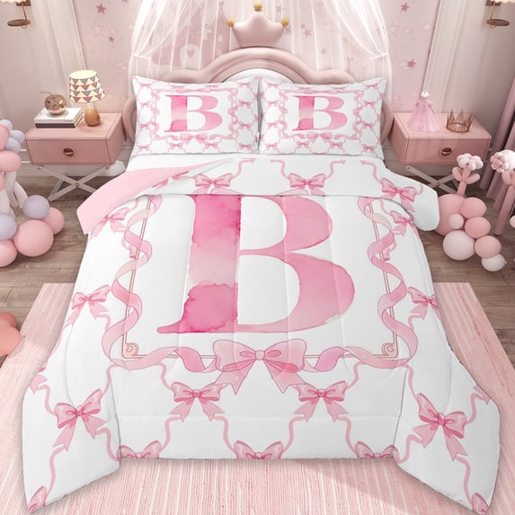 Erosebridal Girls Pink Bowknot Full Size Comforter Sets,Initial Alphabet B Bedding Sets For Kids,Reversible pink,3pcs