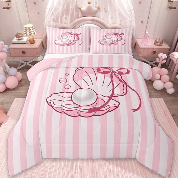 Erosebridal Girls Pink Bowknot Queen Comforter Set For Kids,Cute Ocean Seashell Print Bedding Comforter Set,Reversible,3-Piece