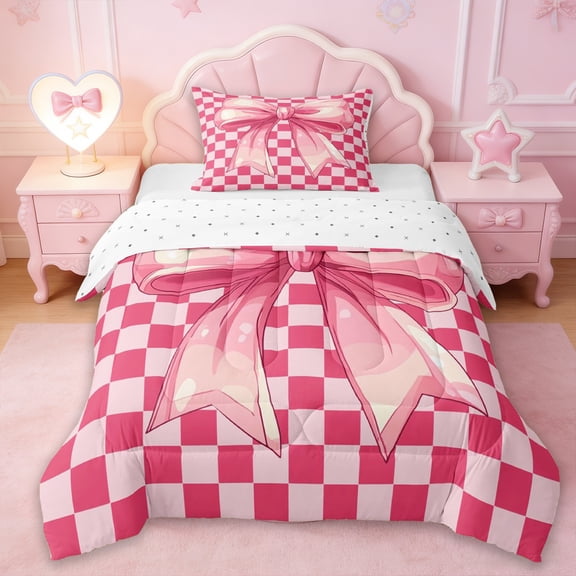 Erosebridal Girls Pink Bowknot Twin Comforter Sets,Kids Geometric Grid Printed Bedding Set,Reversible,2 Pieces